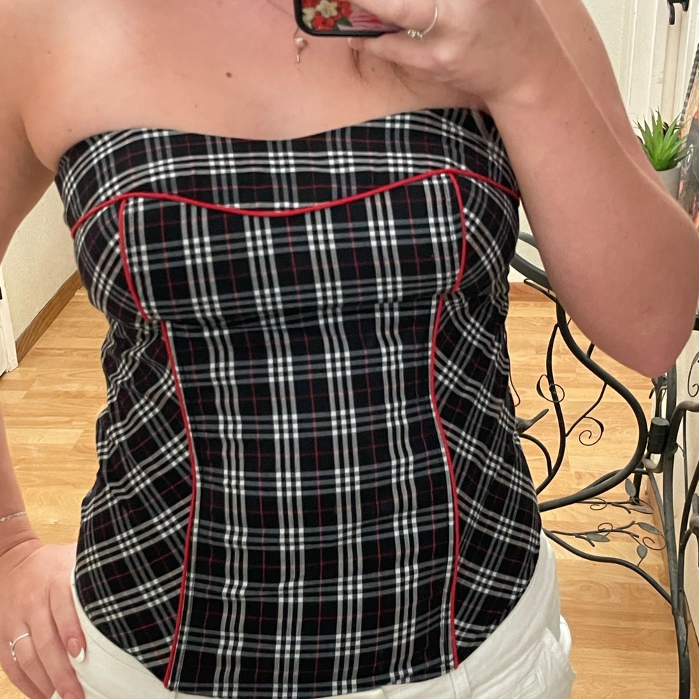 Plaid Strapless Women's Top - Black and Red